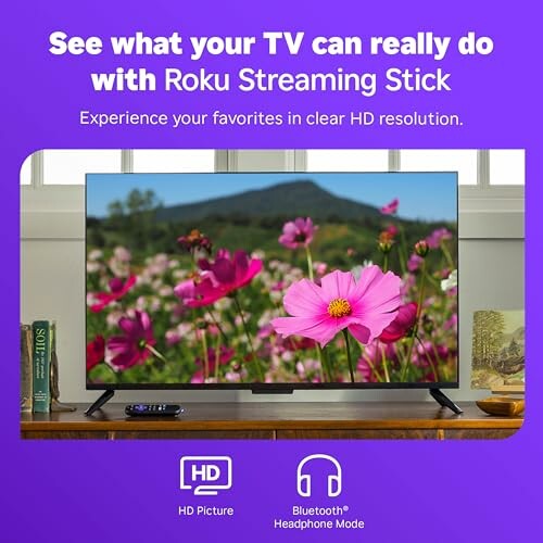 TV displaying flowers with Roku Streaming Stick promotion.