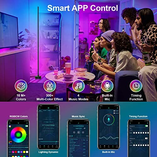 Group of people enjoying party lights with app control features displayed.