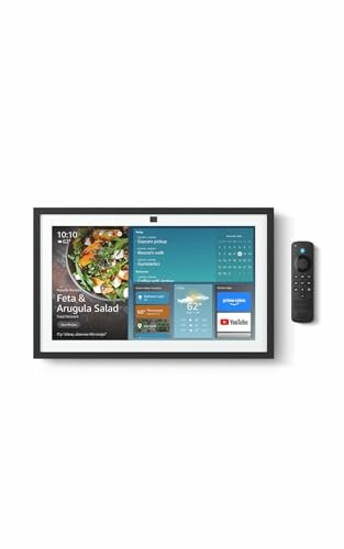 Smart display showing salad recipe and weather, with remote control.