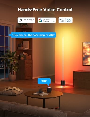 Smart lamp with voice control compatibility logos and voice command examples, showcasing its versatility.