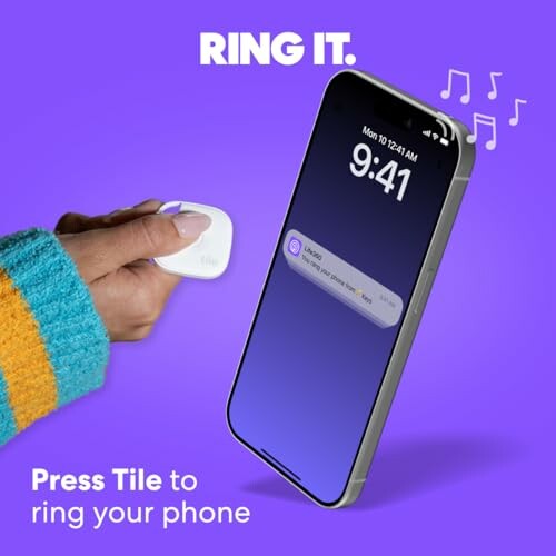 Hand pressing Tile button to ring smartphone.