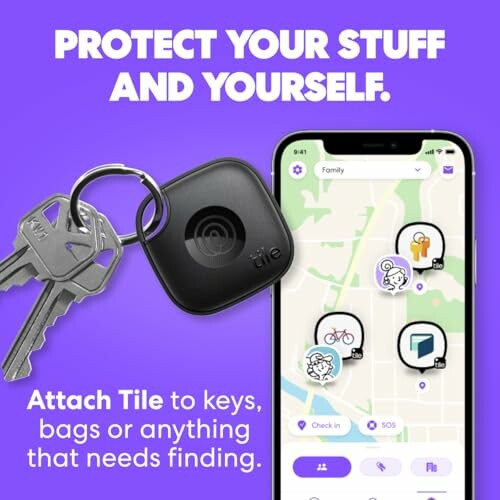 Tile tracker attached to keys with smartphone app displaying map.