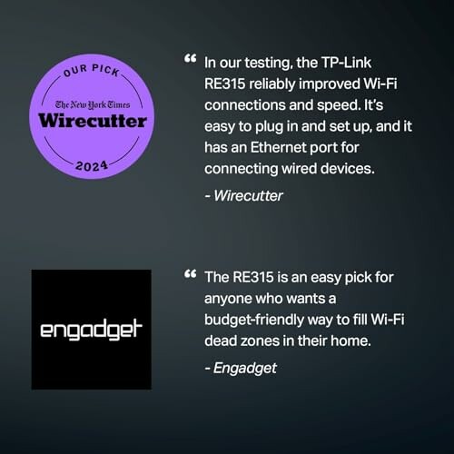 Quotes from Wirecutter and Engadget praising TP-Link RE315 for Wi-Fi improvement.