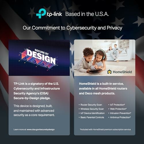 TP-Link cybersecurity and privacy commitment poster with HomeShield features.