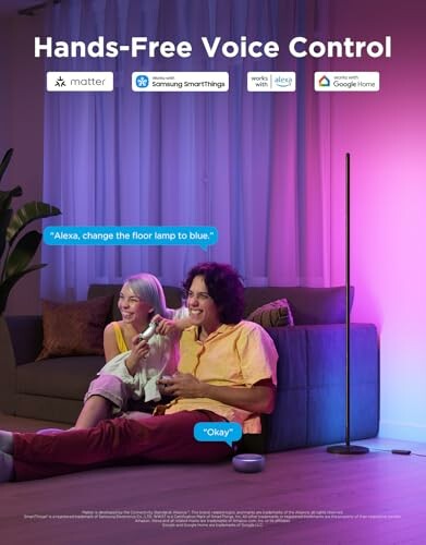 Couple using voice control for smart home lighting.