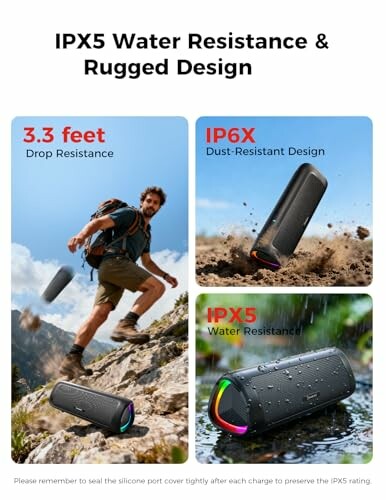 Collage showcasing IPX5 water-resistant speaker with drop and dust resistance.