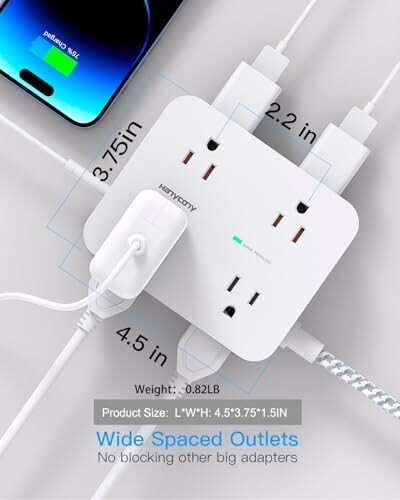 Wide spaced power strip with multiple plugged-in devices.