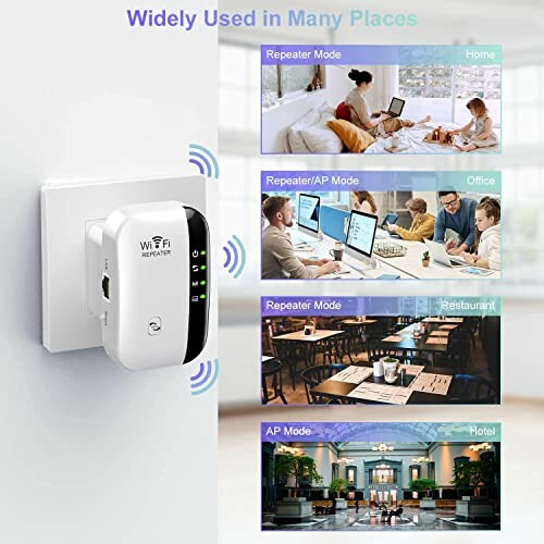 WiFi repeater in different settings: home, office, restaurant, hotel.