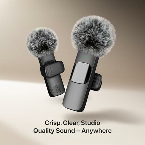 Wireless microphones with furry windshields on a gradient background.