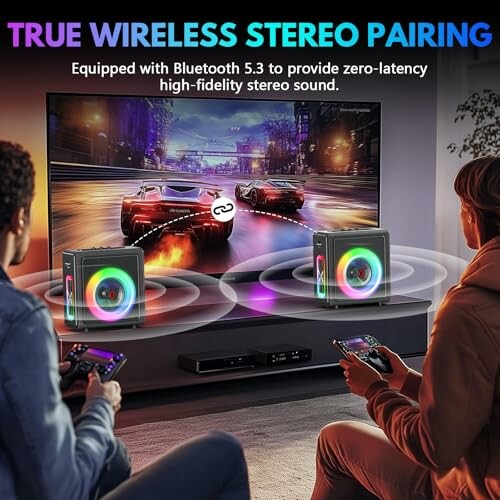 People gaming with Bluetooth 5.3 wireless stereo speakers connected to a TV.
